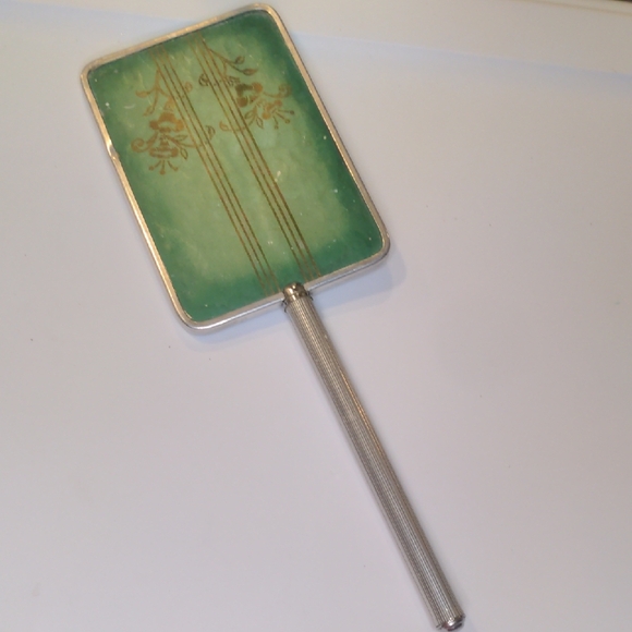 Vintage Other - Vintage Art Deco Hand Held Beveled Vanity Mirror Green Silver Floral